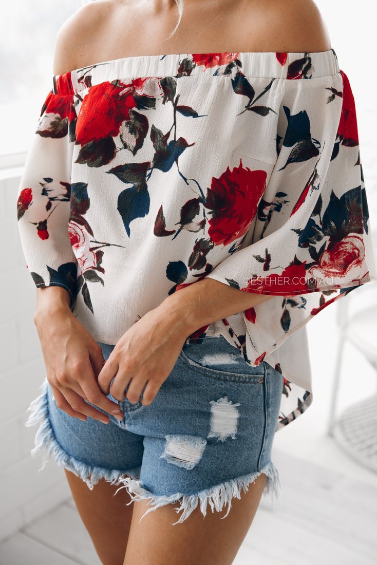 Bluza alba, asimetrica, imprimeu floral, Adelia C10