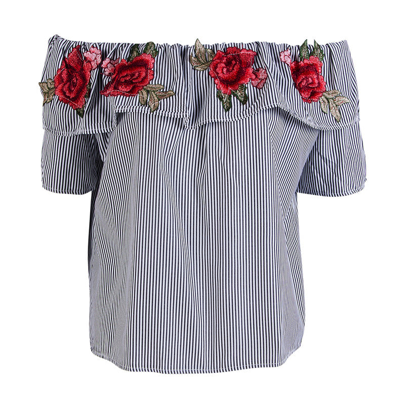 Bluza alba cu dungi negre, imprimeu floral, Annemi C10