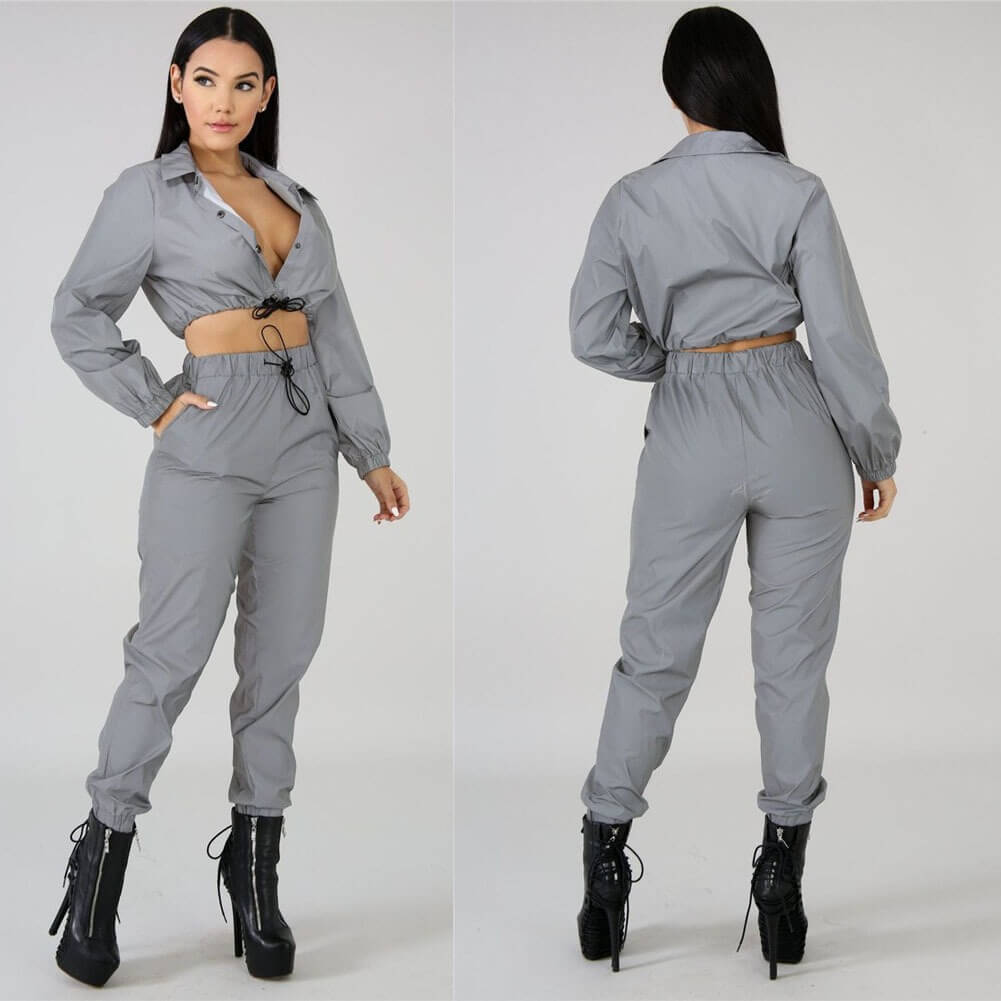 Compleu gri metalizat, bluza si pantalon, cargo, Janke C14