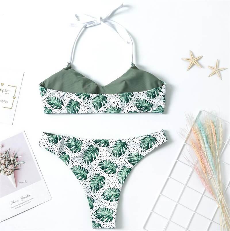 Costum de baie 2 piese, cu frunze, verde, Junine C42