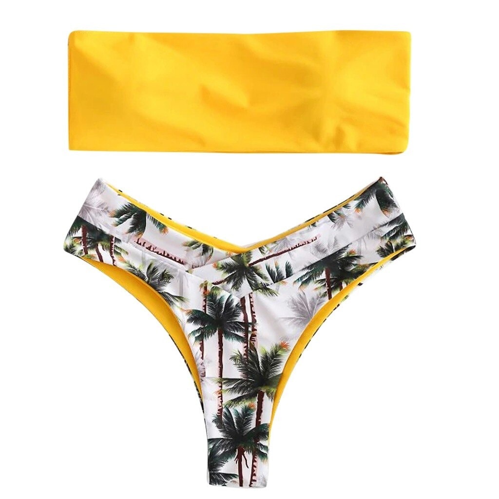 Costum de baie 2 piese, galben, cu palmieri, Kirsi