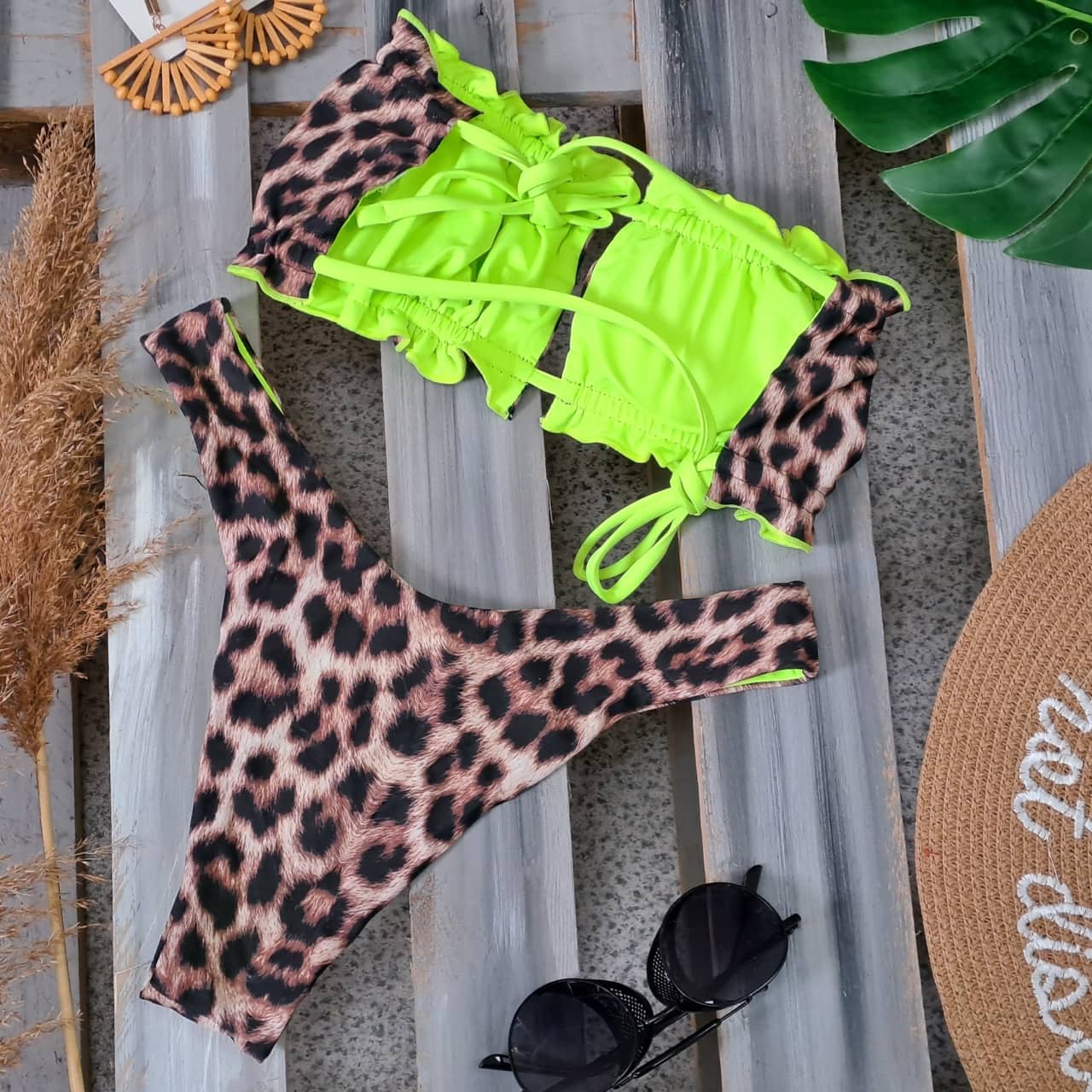 Costum de baie 2 piese, maro, cu 2 fete, animal print, Esalina C47