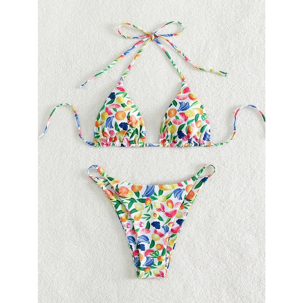 Costum de baie 2 piese, multicolor, cu imprimeu fructe, Glenda C43