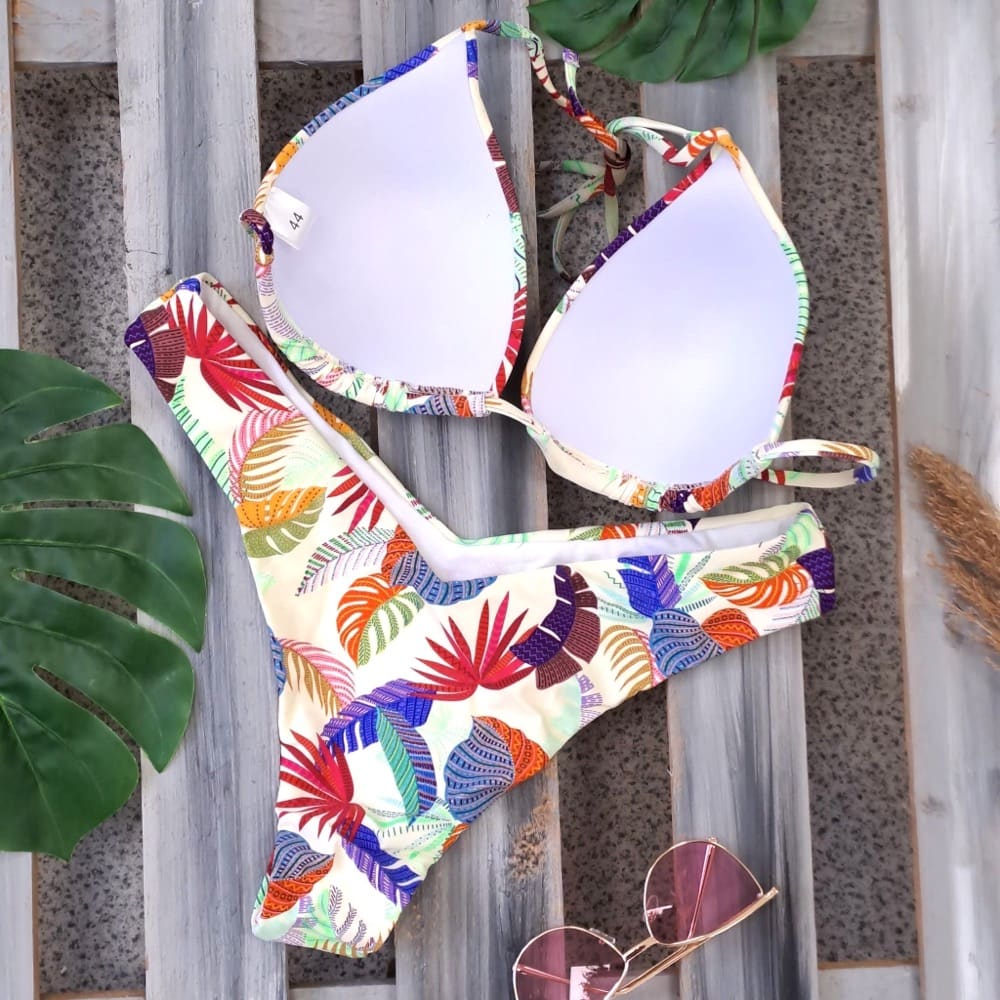 Costum de baie 2 piese, multicolor, cu imprimeu frunze exotice, Helny C57