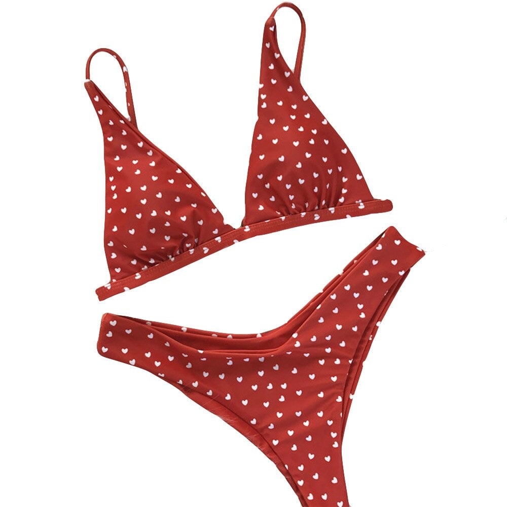 Costum de baie 2 piese, rosu, cu inimioare, Kristine C32
