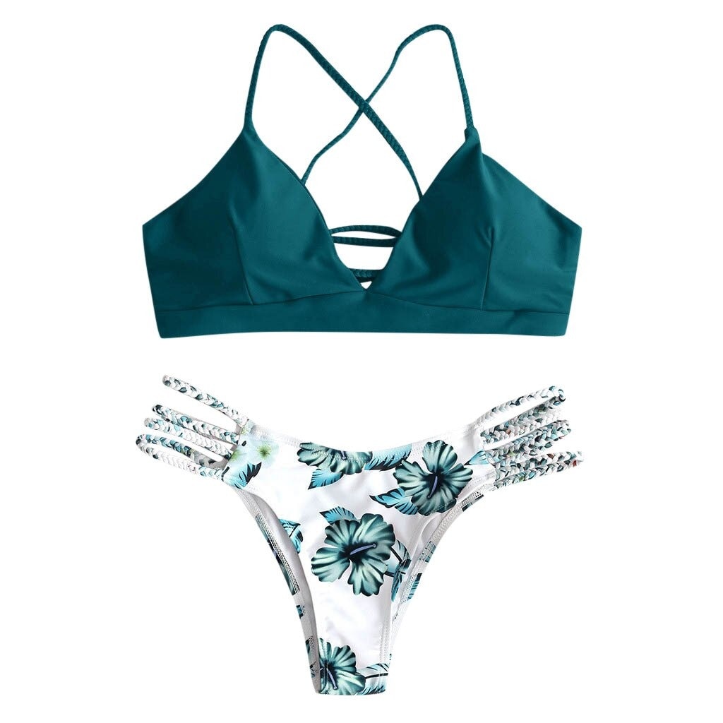 Costum de baie 2 piese, verde, cu flori, Kine