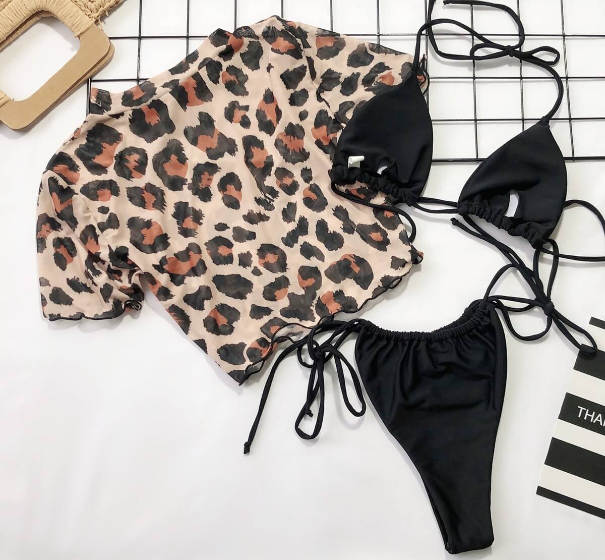 Costum de baie 3 piese, negru, animal print, Julietta