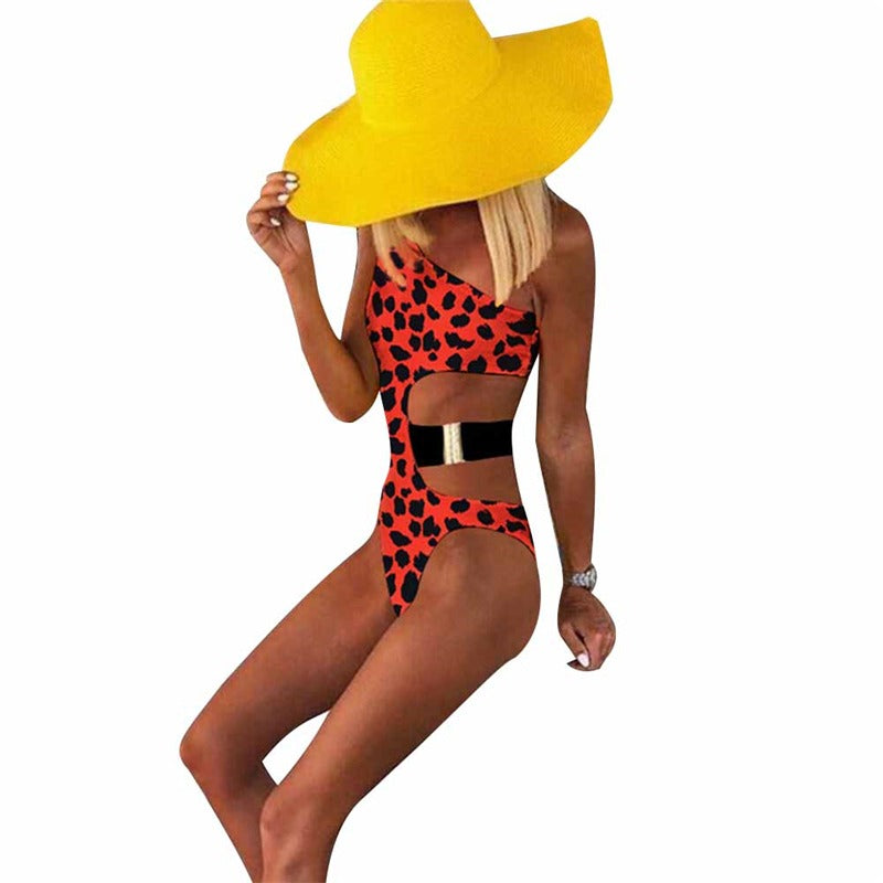 Costum de baie intreg, rosu, animal print, Jonni C45