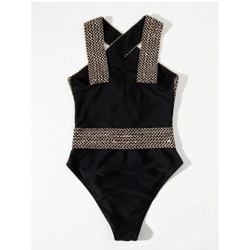 Costum de baie intreg, negru, cu paiete aurii, Delia C47