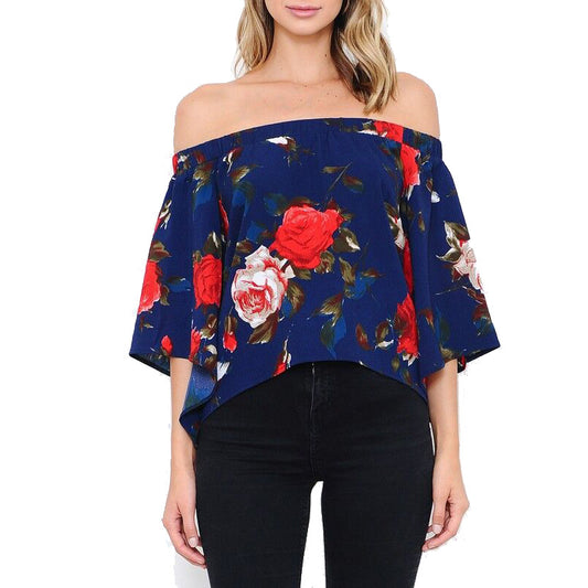 Bluza bleumarin, asimetrica, imprimeu floral, Adeline C10