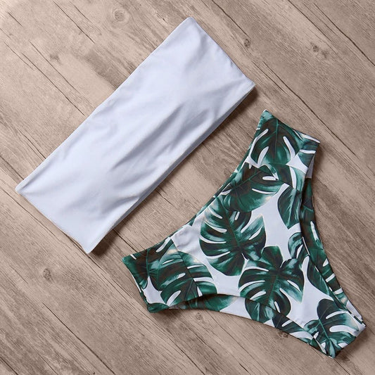 Costum de baie 2 piese, alb, imprimeu frunze, Maybel C50