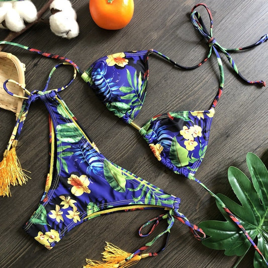 Costum de baie 2 piese, albastru, cu flori galbene, Lisette C30