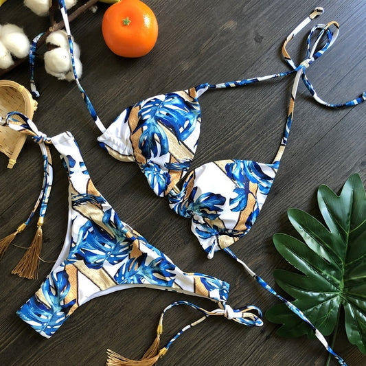 Costum de baie 2 piese, albastru, cu frunze Monstera, Lisett C40