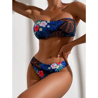 Costum de baie 2 piese, albastru, cu imprimeu floral, Gerhild C40