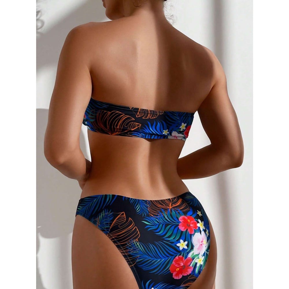 Costum de baie 2 piese, albastru, cu imprimeu floral, Gerhild C40