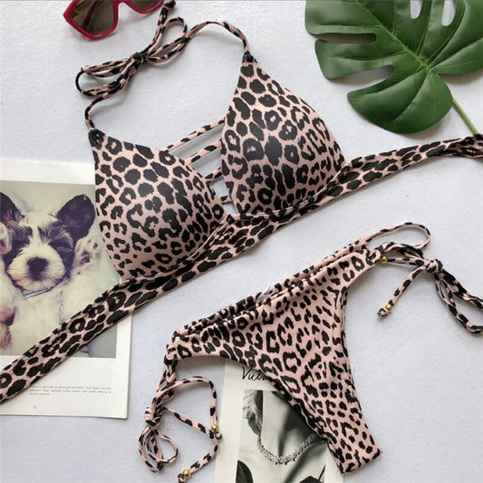 Costum de baie 2 piese, animal print, maron, Kadri