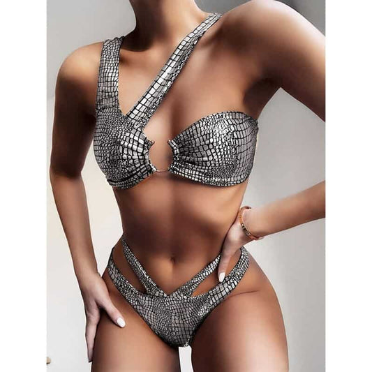 Costum de baie 2 piese, argintiu, piele de sarpe, Karla C48