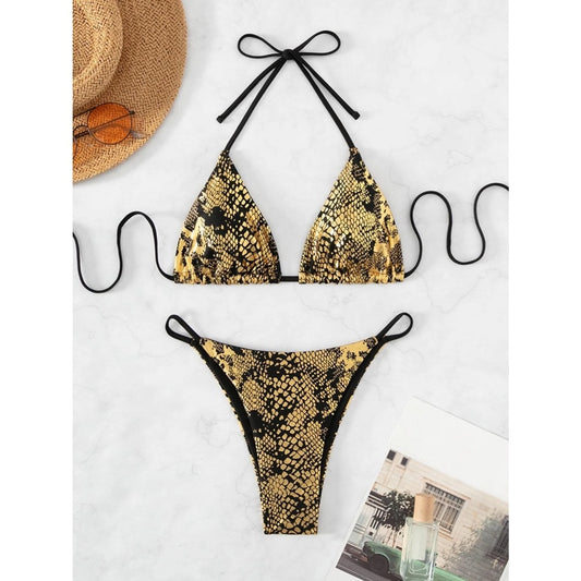 Costum de baie 2 piese, auriu, cu imprimeu piele de sarpe, Gretha C44