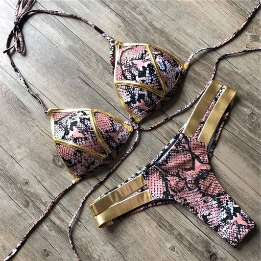 Costum de baie 2 piese, auriu, imprimeu piele sarpe, Katja C54