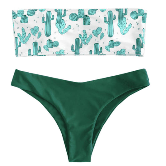 Costum de baie 2 piese, cactusi, verde, Julina C32