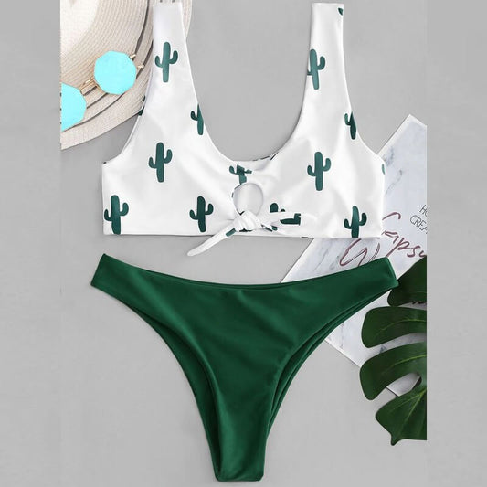 Costum de baie 2 piese, cactusi, verde, Julitta C45
