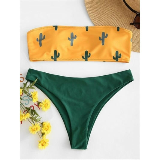 Costum de baie 2 piese, cu cactusi, verde, Jutha