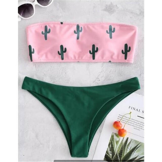 Costum de baie 2 piese, cu cactusi, verde, Kaitlyn OUT