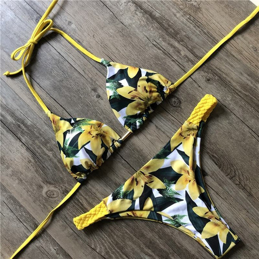 Costum de baie 2 piese, cu flori, galben, Kamille C33 OUT