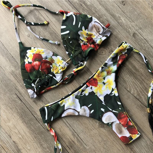 Costum de baie 2 piese, cu flori, verde, Junita C42