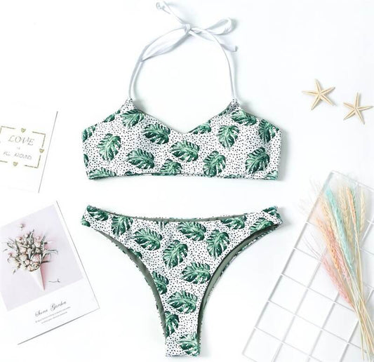 Costum de baie 2 piese, cu frunze, verde, Junine C42