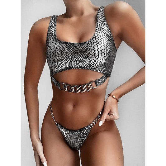Costum de baie 2 piese, cu lanturi, piele de sarpe, Joseffina C33