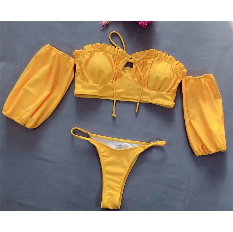 Costum de baie 2 piese, cu maneci, galben, Josefa