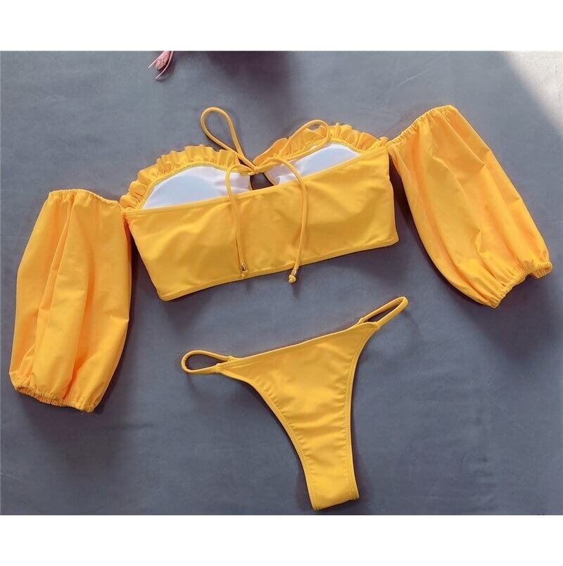 Costum de baie 2 piese, cu maneci, galben, Josefa