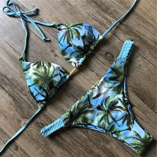 Costum de baie 2 piese, cu palmieri, bleu, Junnie C39