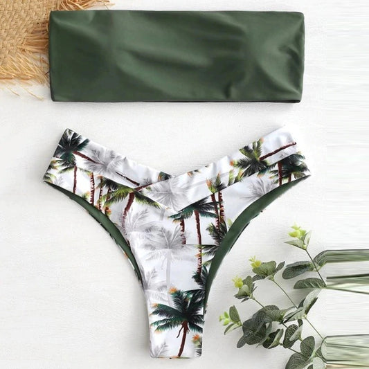 Costum de baie 2 piese, cu palmieri, verde, Kiri