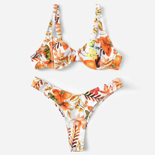 Costum de baie 2 piese, flori, portocaliu, Julika C56 OUT