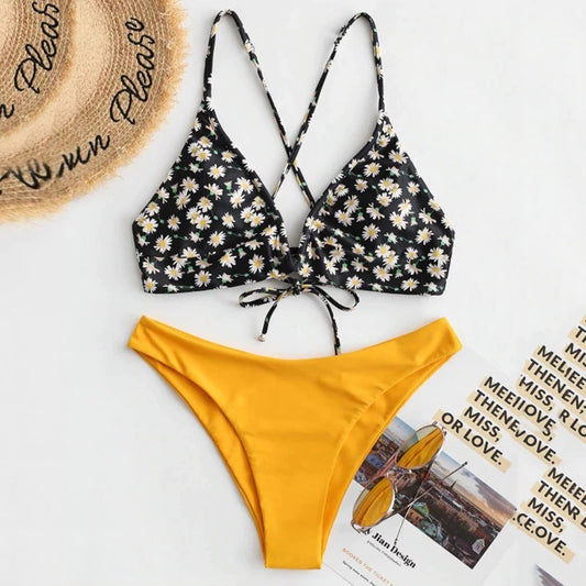 Costum de baie 2 piese, galben, cu floricele, Kristiane C32