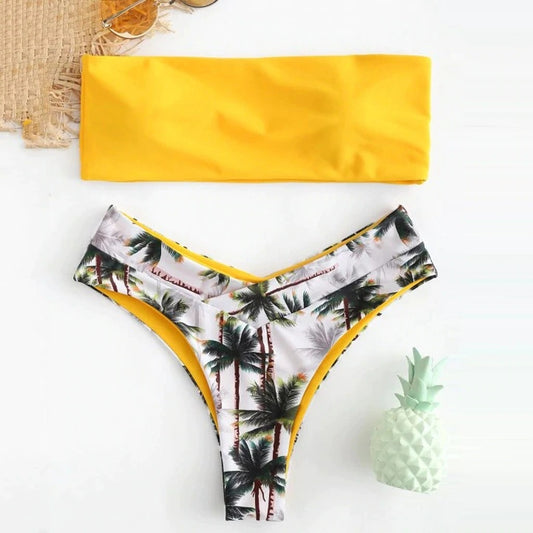 Costum de baie 2 piese, galben, cu palmieri, Kirsi