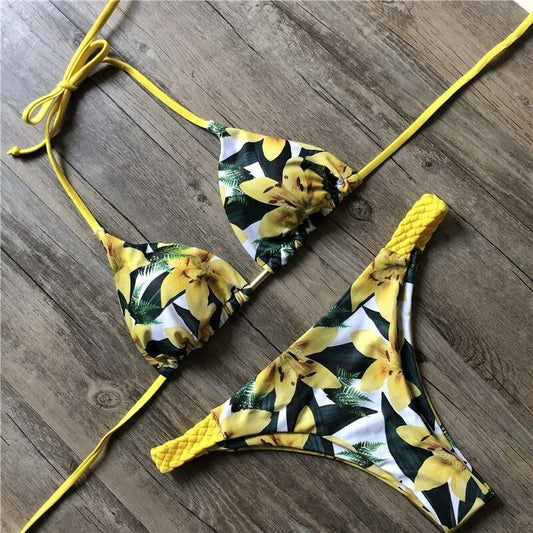 Costum de baie 2 piese, galben, imprimeu floral, Malou C50