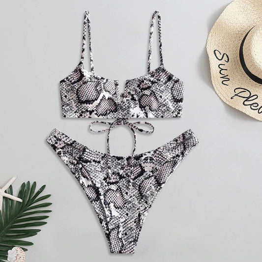 Costum de baie 2 piese, gri, piele de sarpe, Kistin