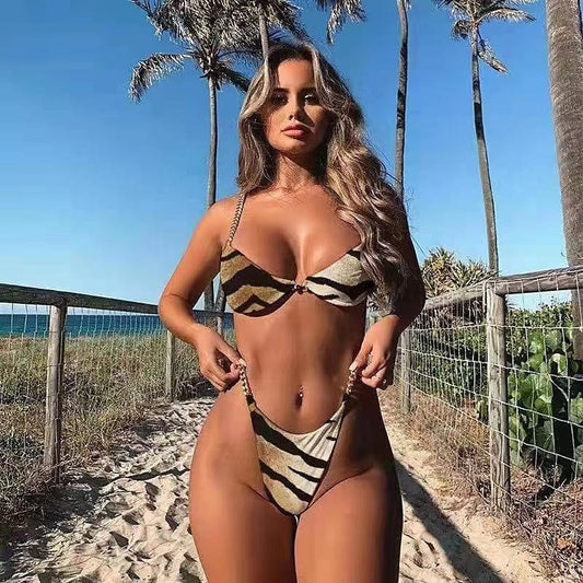 Costum de baie 2 piese, maro, animal print, cu lanturi aurii, Liliann C49