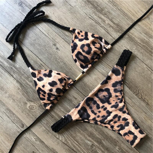 Costum de baie 2 piese, maron, animal print, Josiane