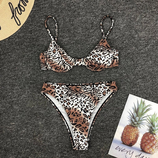 Costum de baie 2 piese, maron, animal print, Konni