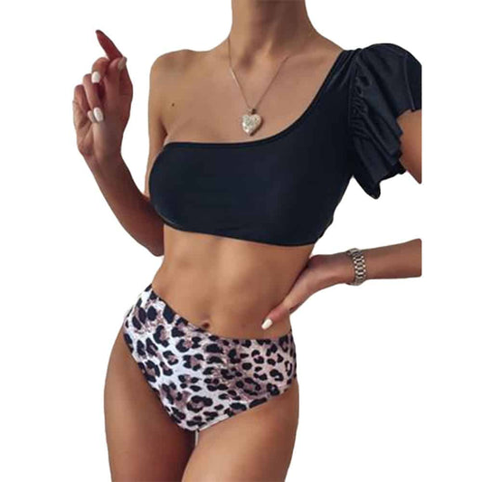 Costum de baie 2 piese, negru, animal print, Ketta