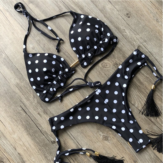 Costum de baie 2 piese, negru, cu buline, Kaminda OUT