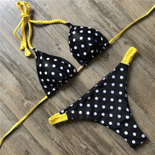 Costum de baie 2 piese, negru, cu buline, Kimberly