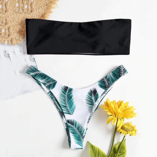 Costum de baie 2 piese, negru cu verde, Kira