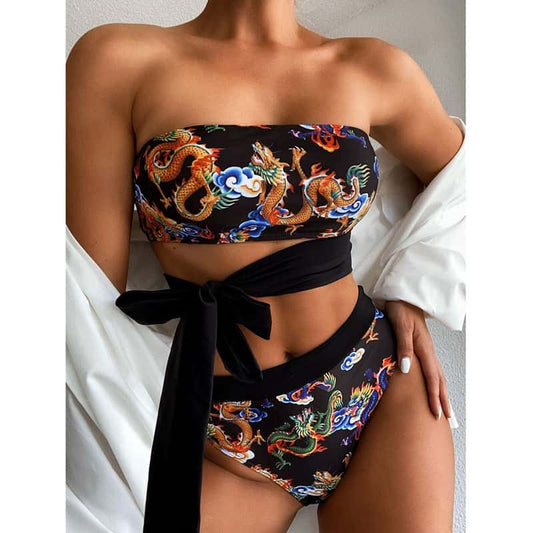 Costum de baie 2 piese, negru, imprimeu dragon, Karnelia OUT
