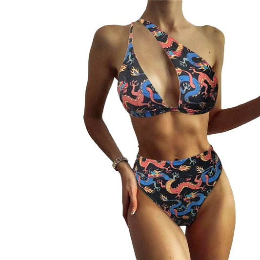 Costum de baie 2 piese, negru, imprimeu dragoni, Lucky C35