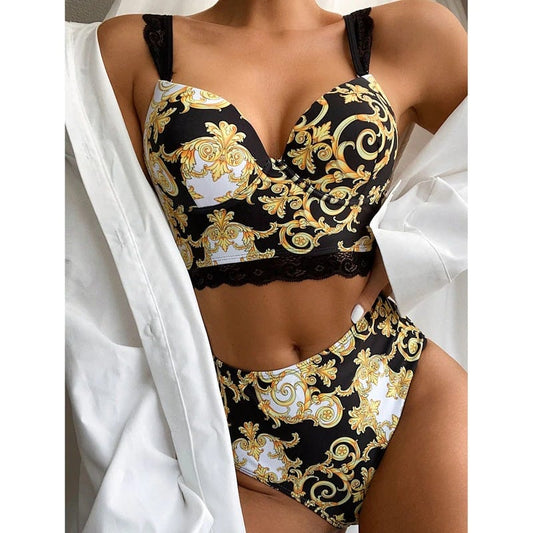 Costum de baie 2 piese, negru, imprimeu floral, Lilya C37